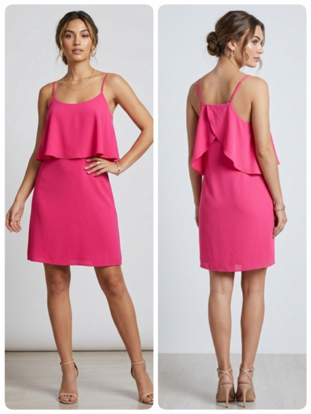 Felicity & Coco Hot Pink Ruffle Overlay Slip Dress Spaghetti Strap Party SMALL